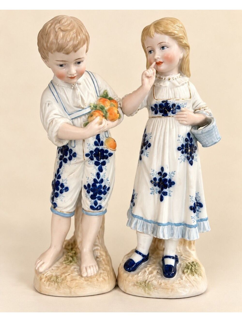 Antique German Porcelain Figurines Boy Girl Pair 9.5" Blue Floral Schierholz